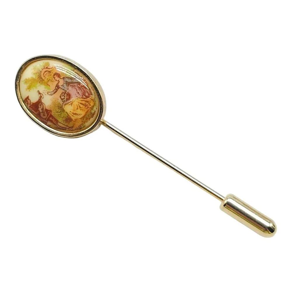 Oval Shape Art Procelain Hat Lapel Stick Pin Gold Tone Vintage